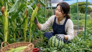 とうもろこしとスイカの収穫時期を確認する日本人女性の家庭菜園