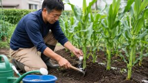 家庭菜園のとうもろこしに追肥をして株元へ土寄せする日本人男性