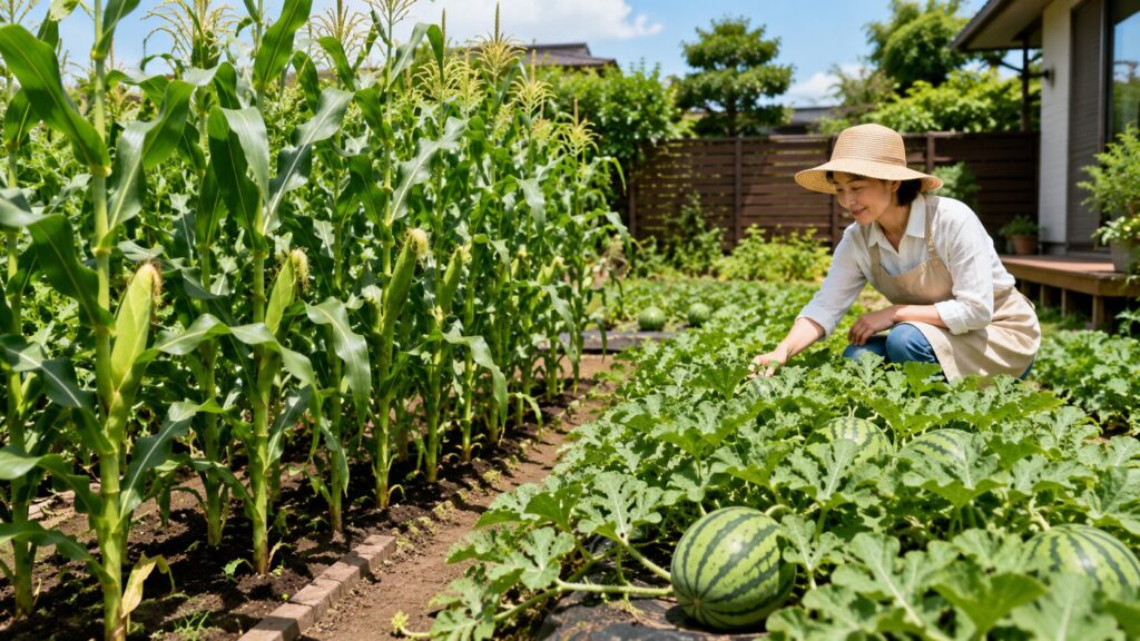 とうもろこしとスイカを家庭菜園で一緒に育てる夏の畑