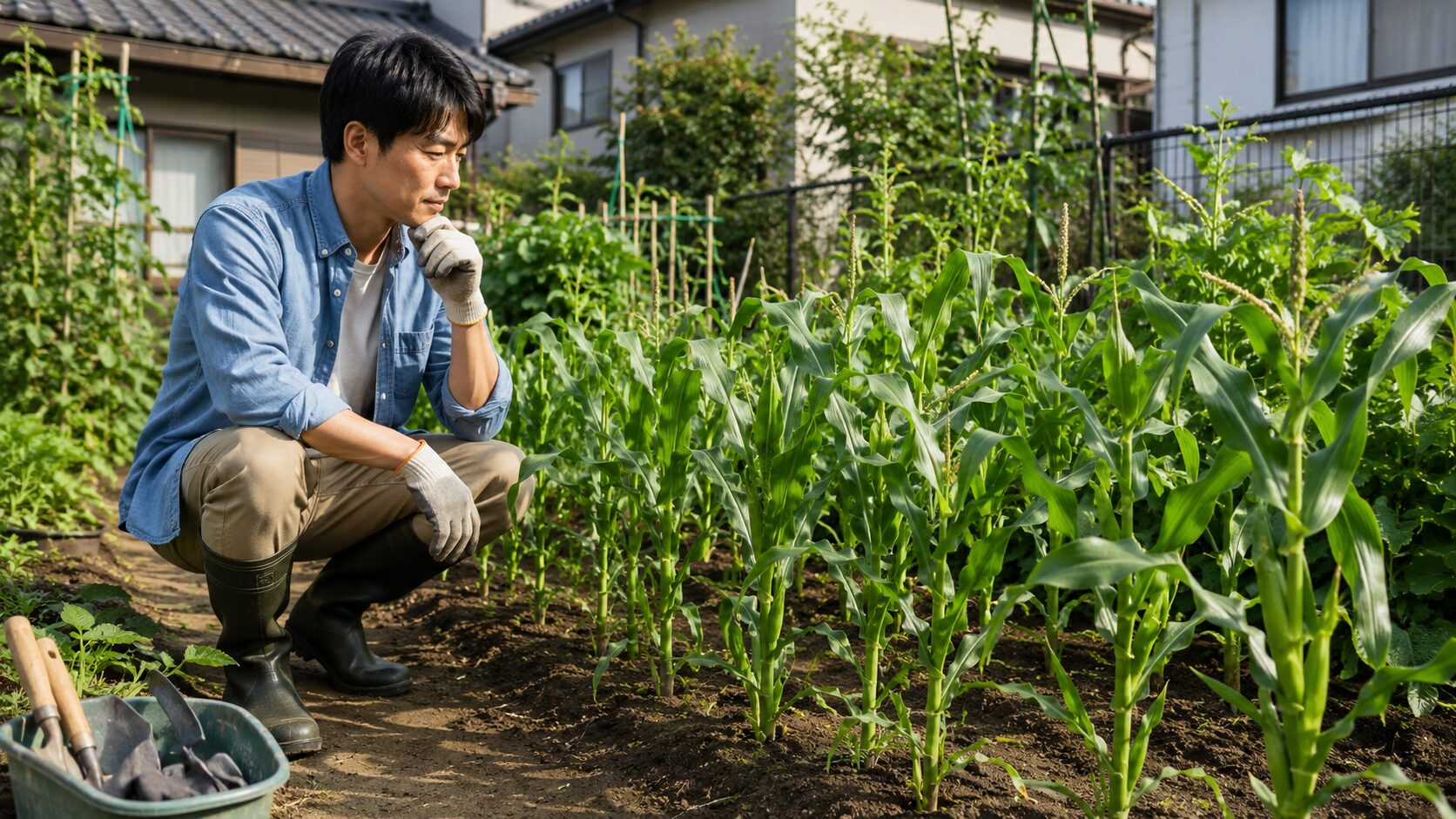 日本人男性が家庭菜園のとうもろこし畑を見ながら、植える本数や配置を考えている様子
