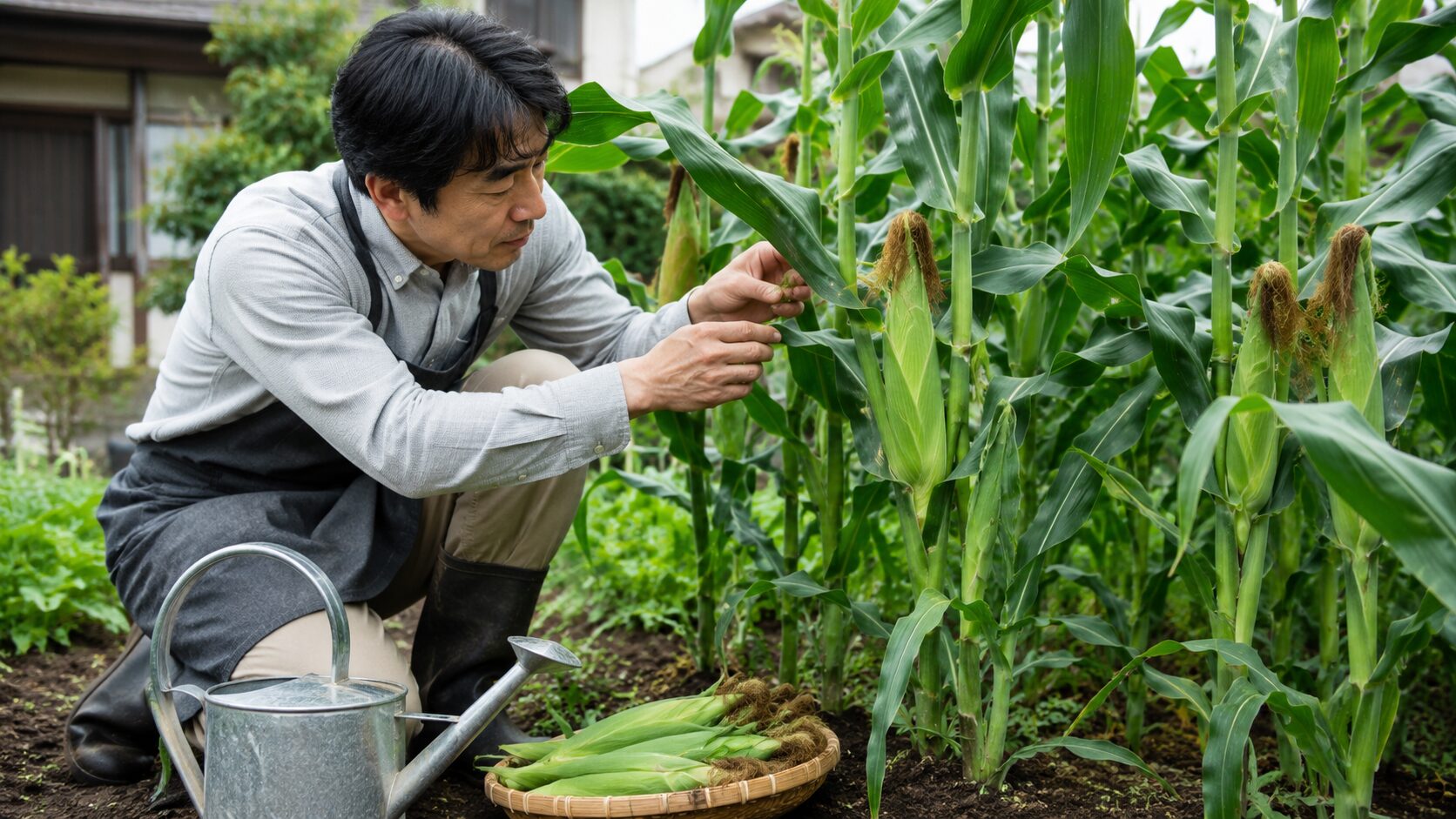 家庭菜園で育てたとうもろこしを確認する日本人男性と収穫したヤングコーン