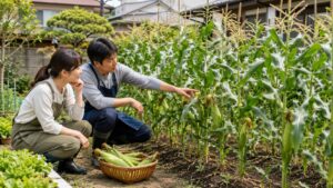 家庭菜園のとうもろこし畑で必要株数を考える日本人夫婦