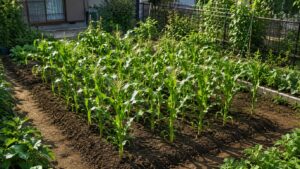 家庭菜園でとうもろこしを複数列にまとめて植えた栽培例