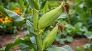 とうもろこし1株に付いた大きな雌穂と小さな雌穂