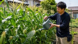 雄穂と絹糸が出たとうもろこしに水やりする家庭菜園の日本人男性