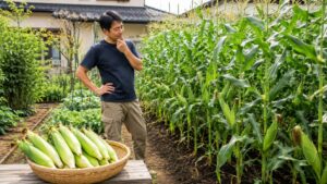 収穫したとうもろこしの本数から必要株数を考える日本人男性