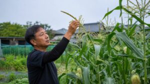 ヤングコーン栽培でとうもろこしの雄穂を確認して除雄する日本人男性