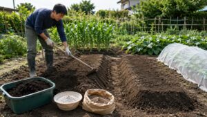 とうもろこしとスイカを育てるために畝を作る家庭菜園作業