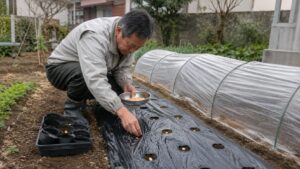 黒マルチとトンネルを使って家庭菜園でとうもろこしの種をまく日本人男性