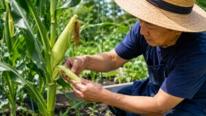 とうもろこしの下側の雌穂をヤングコーンとして収穫する様子