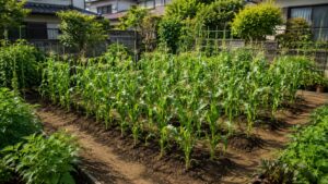 密植したとうもろこしと適正な株間で育てた株の生育比較