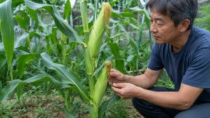 とうもろこしの1番果と小さな2番果を比較する日本人男性