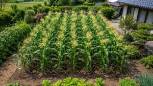 家庭菜園でとうもろこしを複数列に植えて受粉を安定させる栽培例