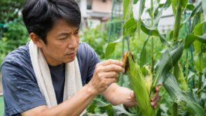とうもろこしの雌穂と絹糸を確認して害虫被害を点検する日本人男性