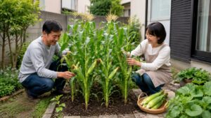 2人家族向けに複数列で育てた家庭菜園のとうもろこし
