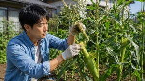 家庭菜園のとうもろこしに人工授粉を行う日本人男性