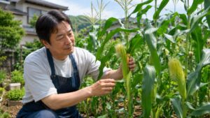 家庭菜園のとうもろこしの絹糸と雌穂を確認し収穫時期を見極める日本人男性