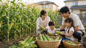 4人家族が家庭菜園で複数列のとうもろこしを収穫する様子
