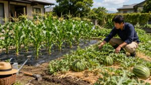とうもろこしとスイカを分けて管理する家庭菜園の夏野菜畑