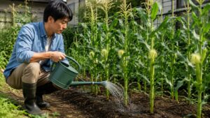受粉期のとうもろこしの株元に水やりをする日本人男性