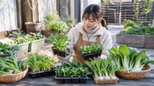 初心者向けの秋冬野菜の苗を選ぶ日本人女性