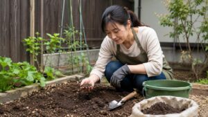 家庭菜園初心者が庭の土を手に取り水はけや土質を確認する様子