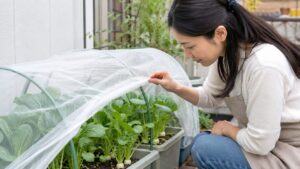 防虫ネットの中のコマツナと小カブを点検する日本人女性