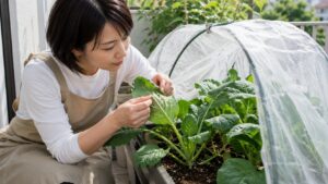 家庭菜園初心者が防虫ネット内の葉裏を確認して害虫対策する様子