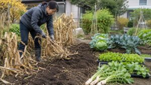 とうもろこしの残渣を片付けて秋冬野菜の後作を準備する日本人女性