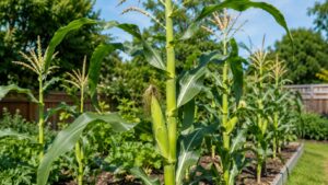 家庭菜園で育つイネ科のとうもろこしの茎と葉と雄穂