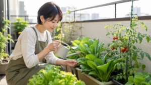 家庭菜園初心者がベランダの野菜に水やりをしながら葉や害虫を確認する様子