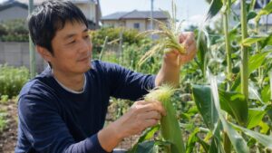 家庭菜園でとうもろこしを人工受粉する日本人男性