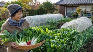 家庭菜園で収穫した秋冬野菜のかごを持つ日本人女性