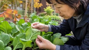秋冬野菜の葉裏と虫食い跡を確認する日本人女性