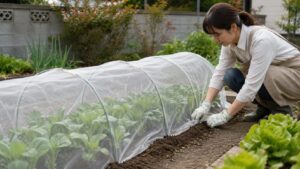 秋冬野菜の種まき直後に防虫ネットの裾を固定する女性