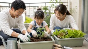 日本人家族がベランダのプランターでミニトマトと葉物野菜を育てる様子