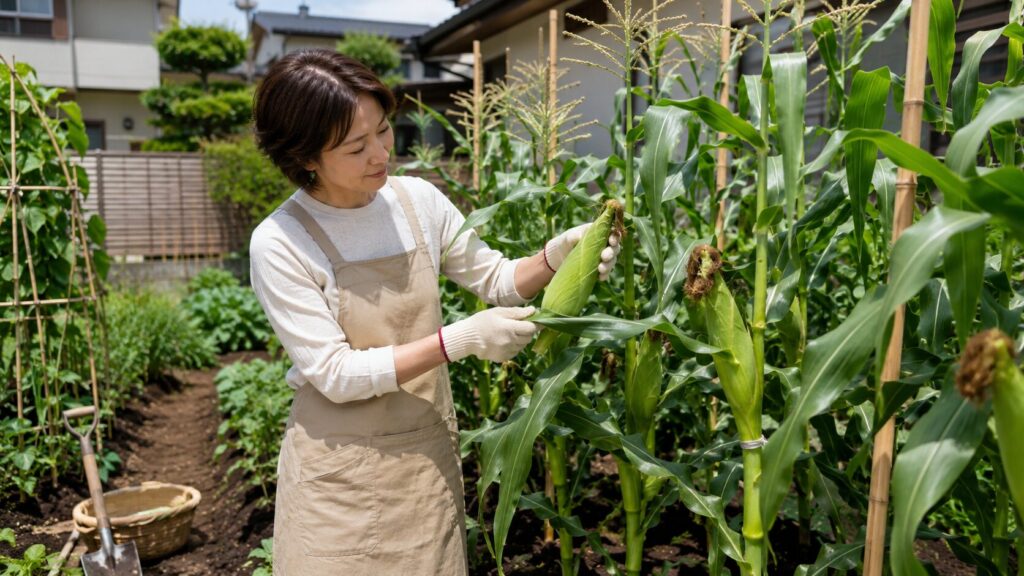 家庭菜園で育てたとうもろこしの実を確認する日本人女性