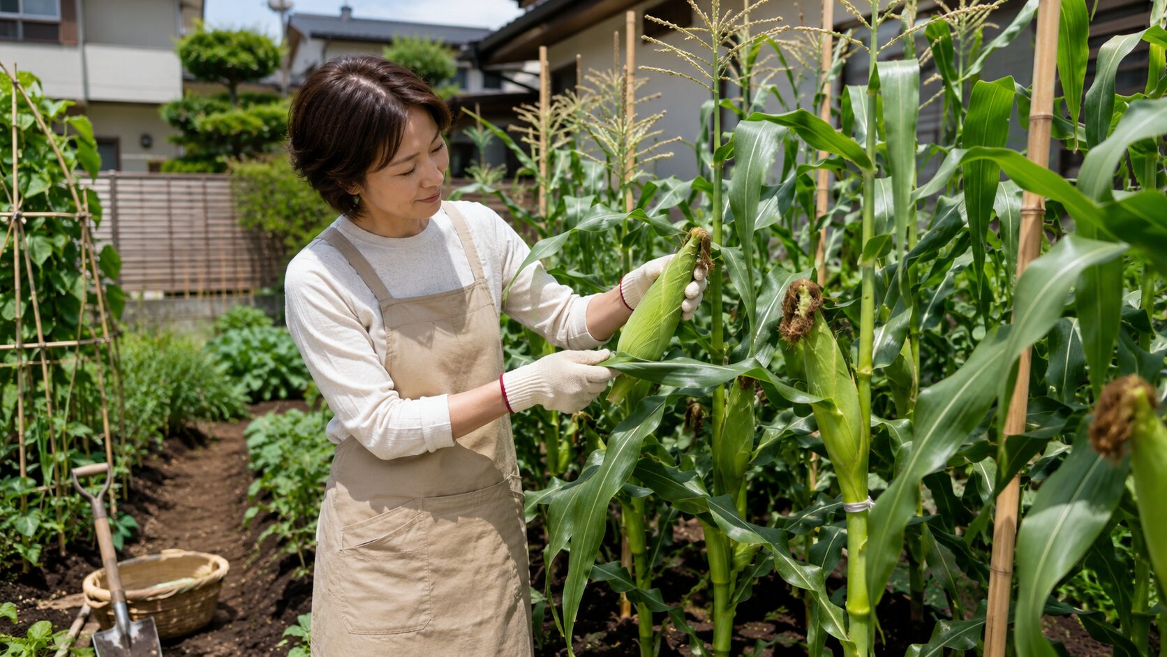 家庭菜園で育てたとうもろこしの実を確認する日本人女性