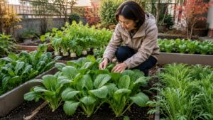 10月の家庭菜園で秋冬野菜を手入れする日本人女性