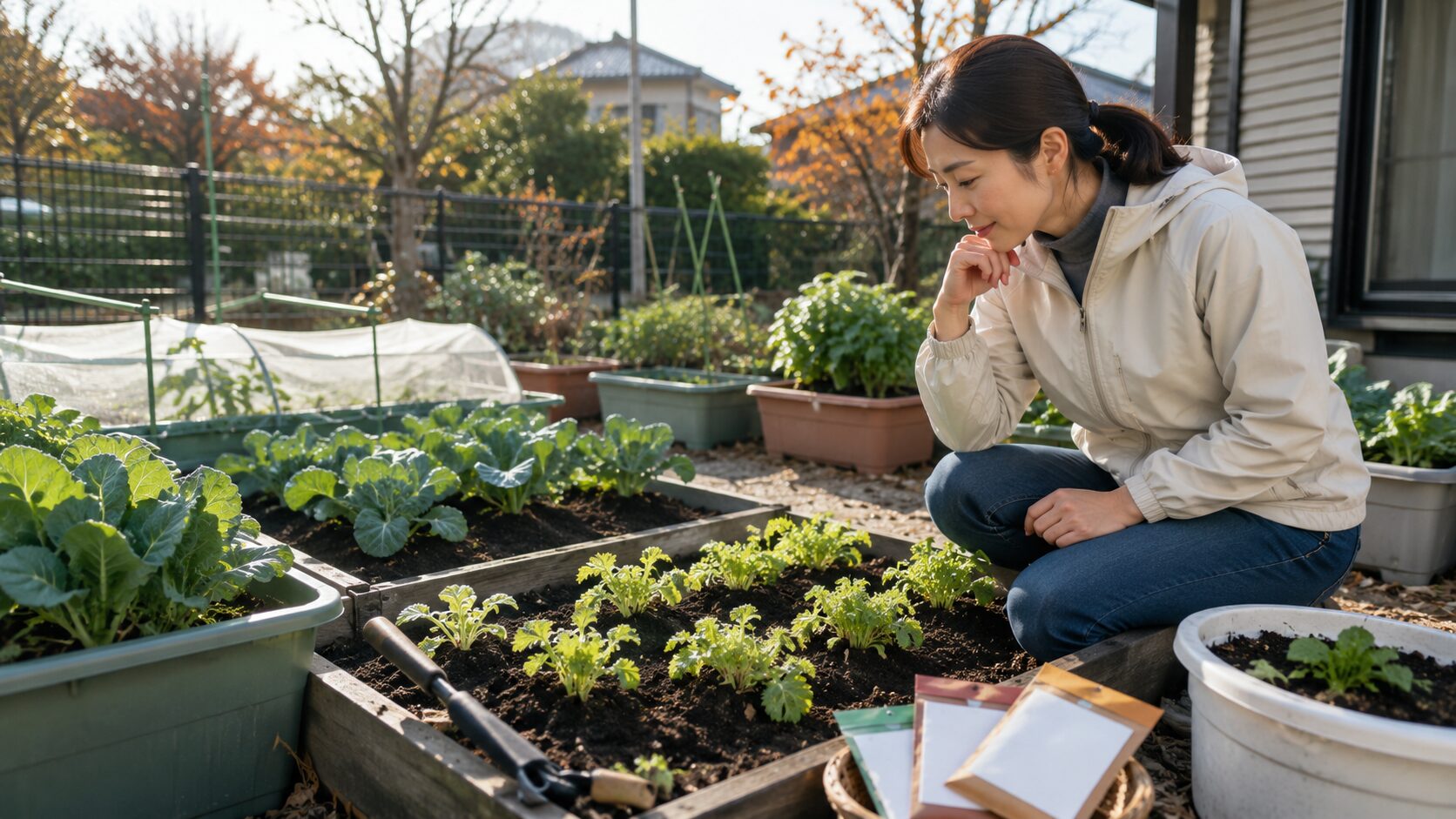 10月の家庭菜園で秋冬野菜の生育を確認する女性