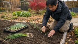 タマネギ苗を秋の畝へ浅く定植する日本人男性