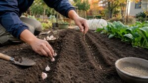 10月の家庭菜園でニンニクを植え葉物野菜を種まきする様子