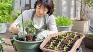 家庭菜園初心者がミニトマト苗を植え付けて葉物野菜を育て始める様子