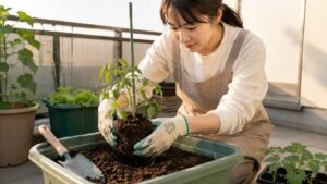 家庭菜園初心者がプランターへミニトマトの苗を植える様子