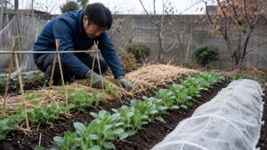 エンドウとソラマメの苗をわらと不織布で防寒する様子