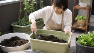 家庭菜園初心者が野菜用培養土をプランターに入れて土を準備する様子