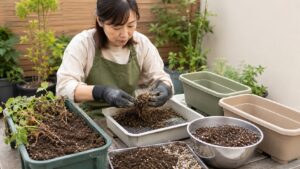 古いプランター土から根を取り除いて再利用の準備をする様子