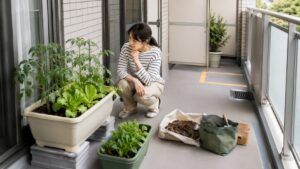 避難経路と排水口を確保した安全なベランダのプランター菜園