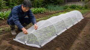 秋冬野菜を守る防虫ネットの裾を固定する日本人男性