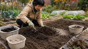 秋冬野菜の栽培前に堆肥と土壌改良材を混ぜる土づくり